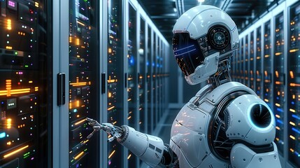 A robot is maintaining server in a high tech server room.