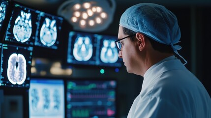 A surgeon reviews detailed brain scans on computer screens in a clinical setting at night