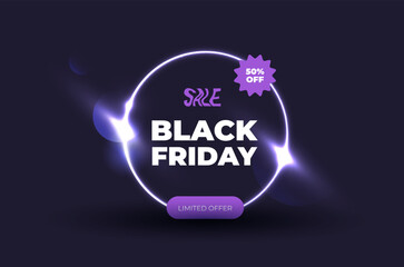 stylish vector template shiny silver circle with inscribition black friday and purple stickers on dark background
