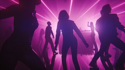 A dynamic dance floor scene with silhouetted dancers and intense pink lighting, reminiscent of an energetic night filled with rhythm and motion.