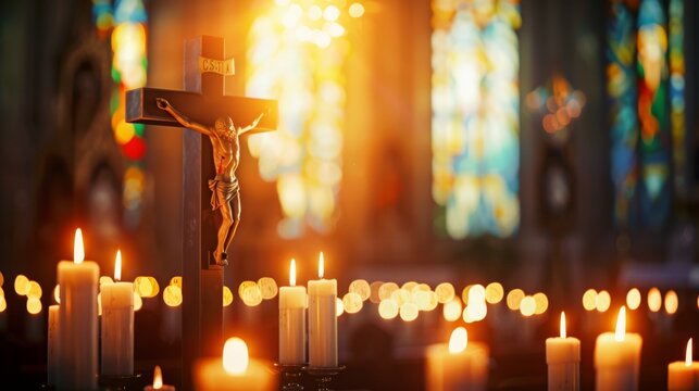Warm candlelit altar set against a backdrop of vibrant stained glass, creating a spiritual atmosphere.