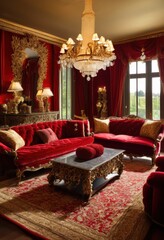 Fototapeta premium vibrant red textile richness stunning home decor luxurious patterns textures, fabric, design, interior, drapery, cushion, curtain, throw, wool, silk