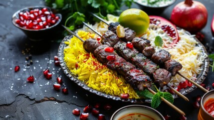 A plate of vibrant kebabs on yellow rice, adorned with juicy pomegranates, lime, and fresh mint, creates a tantalizing feast for the eyes.