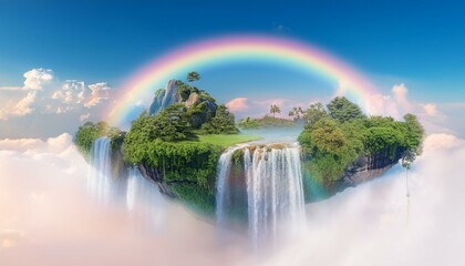 surreal landscape featuring floating islands in the sky, with lush greenery and sparkling waterfalls cascading into the clouds. A radiant rainbow arches across the sky.