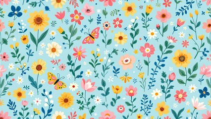 Charming Floral Print with Butterflies in Vibrant Colors