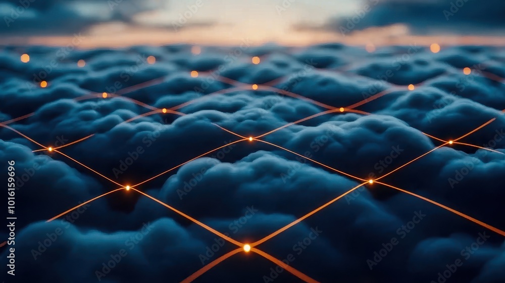 Poster Visual representation of digital clouds with glowing connections in a surreal atmosphere.