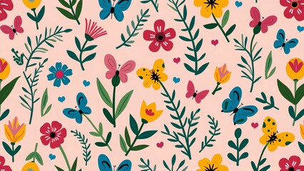 Fresh and Playful Floral Pattern with Butterflies and Leaves