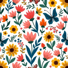 Floral Magic: Colorful Flowers, Leaves, and Butterflies