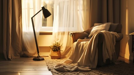A sunlit room features a comfy armchair with a blanket, a tall lamp, and flowing curtains, creating a warm and inviting atmosphere.