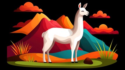 A colorful illustration of a llama standing amidst vibrant mountains and grass.