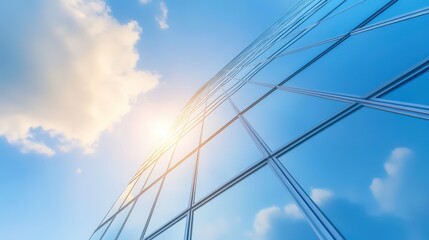 Fototapeta premium mirror A clear blue sky with a few clouds and the sun shining through the glass windows of a building