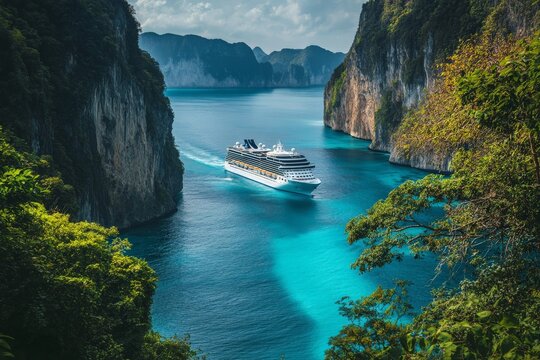 A majestic cruise ship navigates through stunning turquoise waters surrounded by high cliffs, showcasing a picturesque and serene natural scenery during a sunny day.
