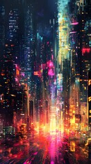 Fototapeta premium A vibrant, futuristic cityscape with colorful lights and reflections.