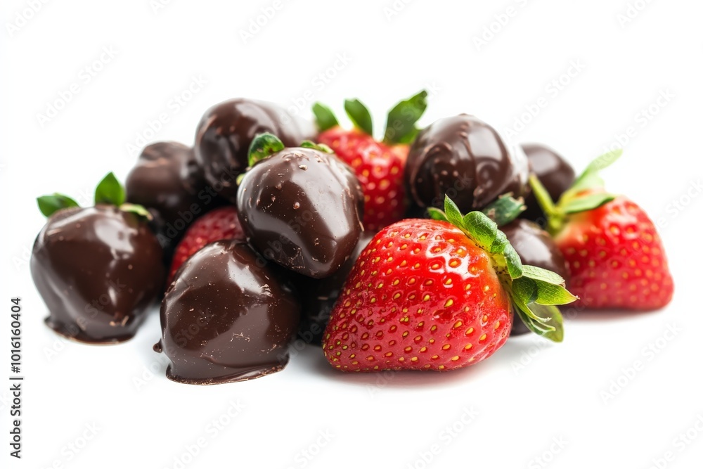 Poster an array of strawberries dipped in rich chocolate, neatly arranged on a white surface, offering a de