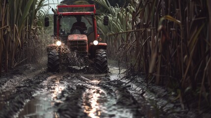 A red tractor navigates a muddy path through towering sugarcane fields, splashing through puddles with determination and vigor on an overcast day.