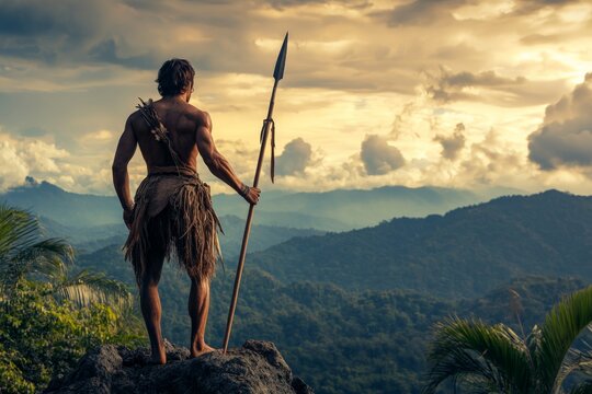 In a captivating moment, an early human stands atop a rocky overhang with a spear in hand, gazing towards distant, mist-covered hills under dramatic, turbulent sky.