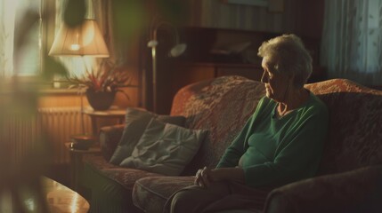 Obraz premium An elderly woman sits pensively on a patterned sofa, bathed in the warm glow of a lamp, surrounded by familial artifacts and memories.