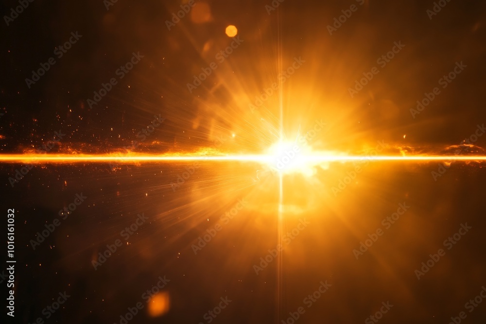 Poster A vibrant orange explosion with a linear burst of light in the center, surrounded by glowing particles, creating a sense of dynamic energy and motion.