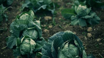 Fototapeta premium Fresh cabbages nestle in rich soil, vibrant green against the earthy backdrop, embodying the essence of growth and agriculture.