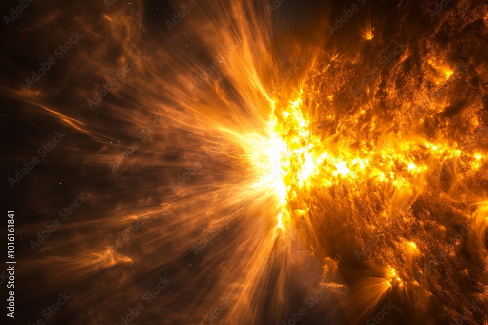 Poster a fiery solar flare erupts with radiant golden luminance, depicting the intense energy and dynamic n