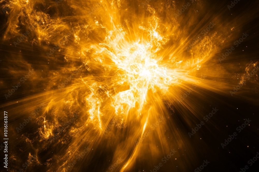 Poster A spectacular display of light and energy in deep space, resembling an explosive burst with luminous rays extending outward in all directions, mesmerizing and surreal.