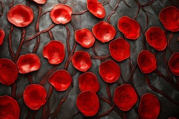 This abstract image illustrates red shapes reminiscent of blood cells spread across a dark background, evoking concepts of life and the human body's complexity.