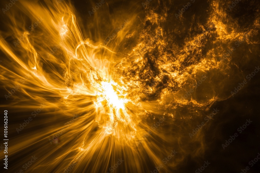 Poster An impressive celestial eruption depicting a dynamic display of golden solar light, capturing the dazzling, swirling motion and the power of stellar forces.