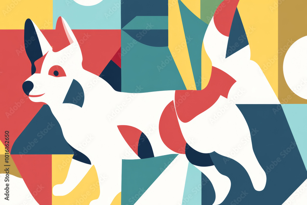 Poster colorful abstract representation of a corgi on a geometric background showcasing vibrant patterns an