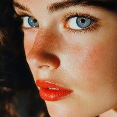 Fototapeta premium Captivating close-up of a young woman with striking blue eyes and natural beauty in soft light
