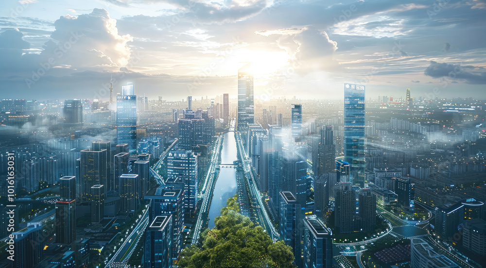 Aufkleber A smart city project being developed by a team of engineers and business experts, featuring integrated technologies like smart infrastructure, energy-efficient systems, and data-driven management.