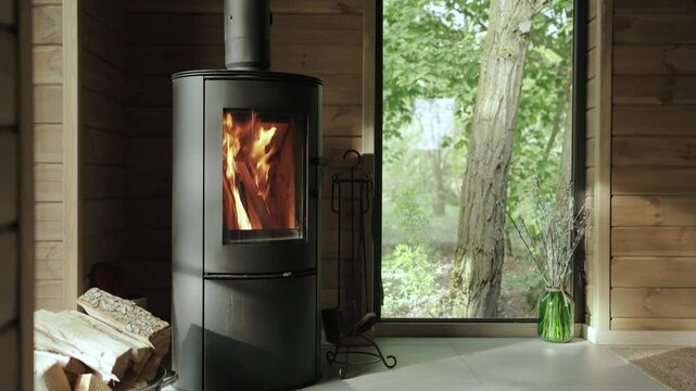 Experience the Modern Wood Stove beautifully positioned in a serene and natural setting