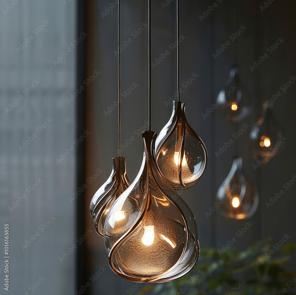 Poster a hanging light fixture made of a metal cage structure which is organic and fluid. glass is blown th