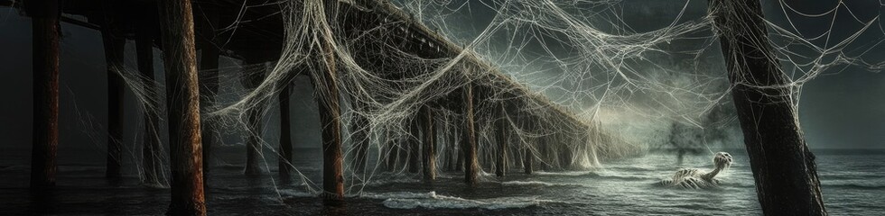 A haunting view of a dilapidated pier entangled in webs, creating an eerie atmosphere over the calm ocean waters.
