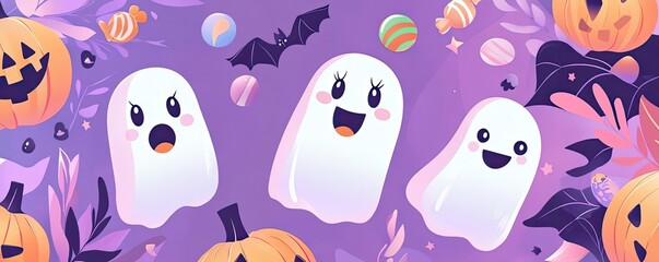Playful cartoon ghosts surrounded by colorful Halloween elements, perfect for festive decorations and spooky fun.