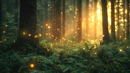 Obraz premium A serene forest scene illuminated by golden light, with glowing particles adding a magical ambiance among lush greenery and towering trees.