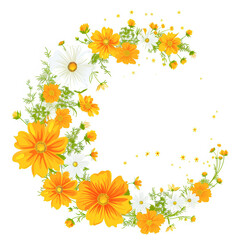 A beautiful crescent-shaped floral arrangement of yellow and white flowers, perfect for spring and summer-themed designs, wedding invitations, or nature-inspired artwork,