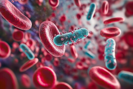This image depicts a dynamic view of red blood cells alongside rod-shaped bacteria within the bloodstream, highlighting interactions at the microscopic level.