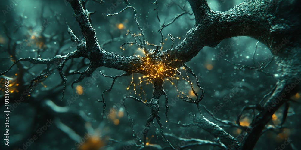 Poster a microscopic view of a neuron with glowing synapses firing.