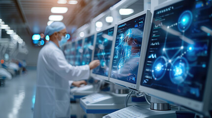 Fototapeta premium Machine learning models analyzing hospital data to improve patient care workflows and reduce waiting times.