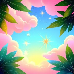 Obraz premium Serene dawn breaking through vibrant clouds in a whimsical sky filled with twinkling stars