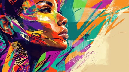 Vibrant artistic portrait of a woman with colorful patterns on her face and background