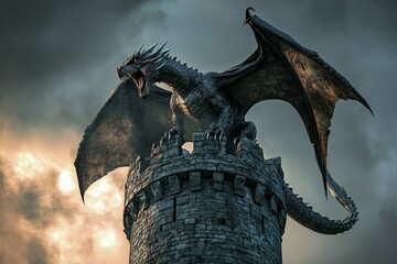 A startling dragon stands atop a castle tower, roaring fiercely as the sky turns golden with the sunset, giving a sense of adventure and fantasy kingdoms.