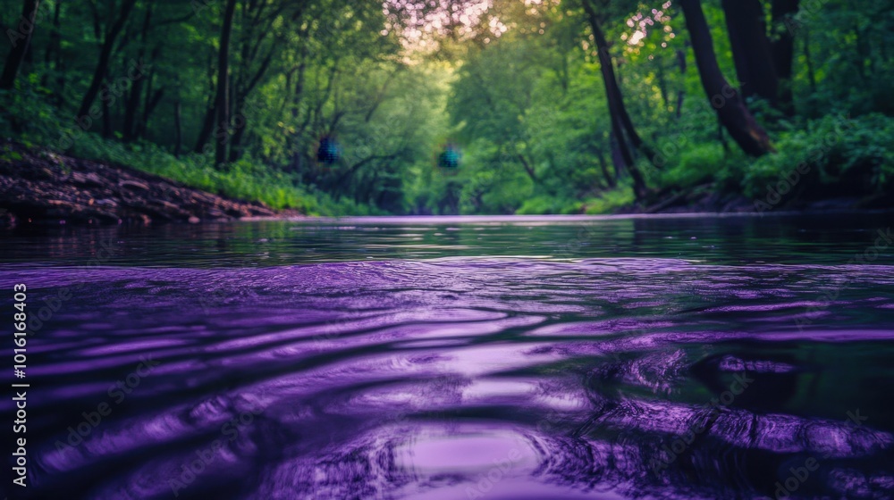 Poster a mesmerizing view of a purple river flowing through a dense forest, with intricate reflections and 