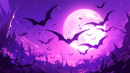 Bats flying around a full moon over a spooky silhouette of a town .
