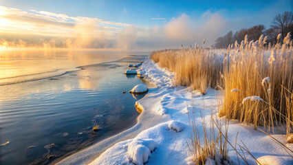 Golden reeds covered in snow by a calm lake at sunrise, with mist rising over the water and soft winter light