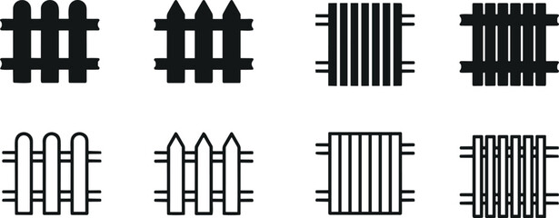 wooden fence vector set, garden or farm palisade, gates or balustrade with pickets. Enclosure railing, banister or fencing sections. Wooden fence and balusters. vector illustration