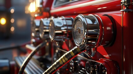 Fototapeta premium A realistic close-up of a red fire truck, showing intricate details in the metalwork, hoses, and lights under sunlight.