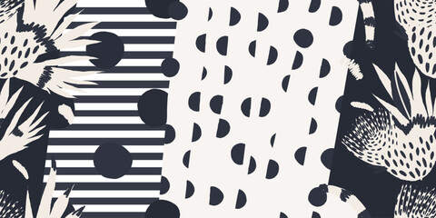 Abstract polka dot with flowers collage pattern. Dynamic playful contemporary print. Fashionable template for design. 