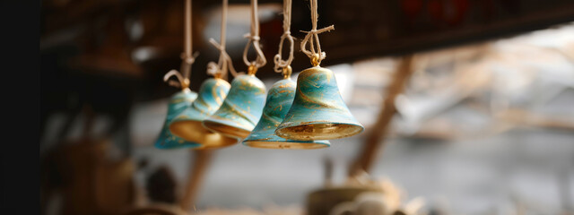 Close-up of handmade Christmas bells hanging from a branch adorned with red berries and evergreen needles, evoking a warm and festive holiday atmosphere. Winter christmas background