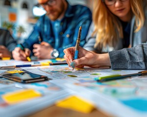 Fototapeta premium Collaborative brainstorming sessions in modern offices, dynamic and creative, Urban, Bright hues, Photograph, Team innovation